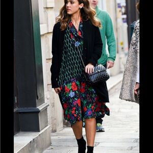 Kenzo Black Midi Dress with Green Lattice and Red Floral Print